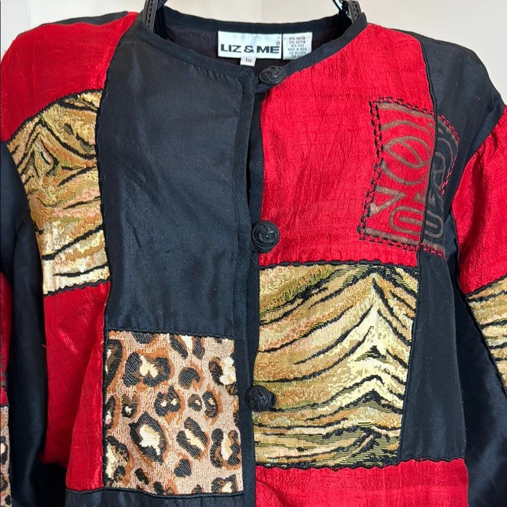 Liz & Me Red, Black, and Shades of Brown Jacket with Patchwork Design - Picture 6 of 7
